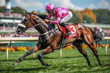 A jockey in a pink silks riding a racehorse mid-race on a sunny day at the racetrack