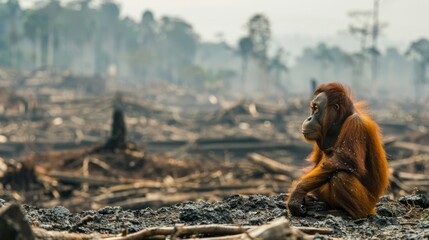 The desolate figure of an orangutan, encircled by barren land, vividly illustrates the devastating impact of human-induced deforestation and the escalating threat of global warming on natural habitats