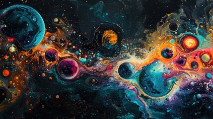 Abstract Cosmic Art with Orbiting Planets and Celestial Bodies in Vibrant Colors