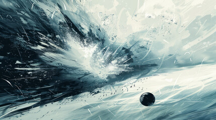 Artistic representation of a bowling ball striking pins with explosive force, capturing the vibrancy and impact of the sport