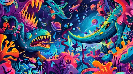 Vibrant Underwater Scene with Fantastical Creatures and Colorful Coral, Illustrating Biodiversity