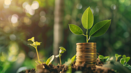 Fototapeta na wymiar Investment Growth Concept with Coins and Plant . A plant sprouts from a stack of coins, symbolizing growth and investment in a lush, green environment with a sunlit background. 