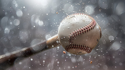 Fototapeta na wymiar A detailed close-up of a baseball bat hitting a ball during rainy weather, highlighting the elements of power and precision in sports