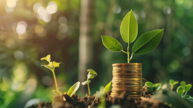 Investment Growth Concept with Coins and Plant
. A plant sprouts from a stack of coins, symbolizing growth and investment in a lush, green environment with a sunlit background.
