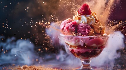 Dramatic close-up of ice cream sundae with dynamic cocoa powder explosion over dark backdrop