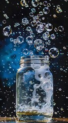 Glass jar with effervescing water on a wooden surface, myriad bubbles ascending and catching light against a dark background - obrazy, fototapety, plakaty