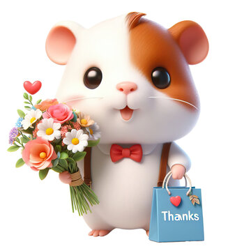 Cute character 3D image of peruvian guinea pig with flowers and saying thanks white background isolated PNG
