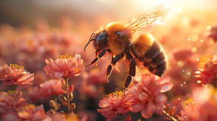 A close-up image of a bee pollinating vibrant pink flowers under warm sunlight, available for purchase.  - obrazy, fototapety, plakaty