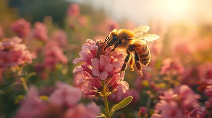 A honeybee collects nectar from pink flowers on a sunny day, depicting a serene natural setting. 