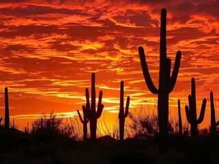 Silhouetted saguaro cacti stand tall against a fiery Arizona sunset