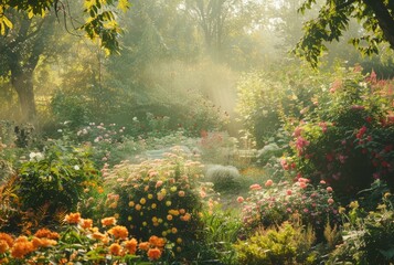 Fototapeta premium Serene Garden Bathed in Morning Light Featuring Lush Flowerbeds and Mist