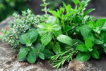 Assortment of Fresh Herbs Displayed on a Rustic Wooden Board