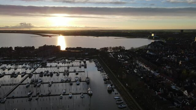 Hoorn from top as a small city in Netherlands which is located to the Ijsselmeer
