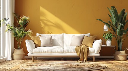 A cozy modern living room with a stylish white sofa, plants, and warm sunlight filtering through the window.