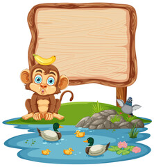 Cute monkey with ducks and signboard by water - 776840318