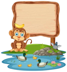 Fotobehang Kinderen Cute monkey with ducks and signboard by water