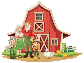 Illustration of a family with animals at a barn