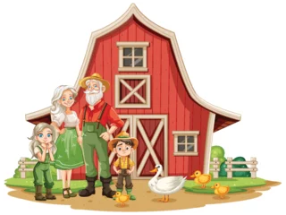 Papier Peint photo Enfants Illustration of a family with animals at a barn