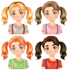 Fotobehang Kinderen Four vector illustrations of girls with unique hair