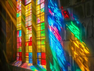 Colorful light filters through a decorative stained glass window in a church, creating a beautiful artistic pattern