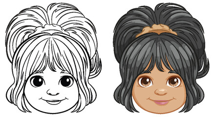 Black and white and colored cartoon girl illustrations.