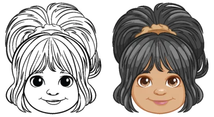 Deurstickers Black and white and colored cartoon girl illustrations. © GraphicsRF