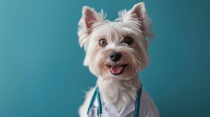 Cute white dog as veterinarian on blue background