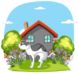 A playful cat surrounded by butterflies near a house - 776840774