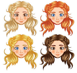 Four cartoon girls with different hair colors and styles.