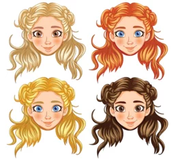 Deurstickers Kinderen Four cartoon girls with different hair colors and styles.