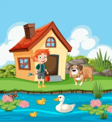 Foto op Plexiglas Kinderen Boy with dog near a house and pond scene