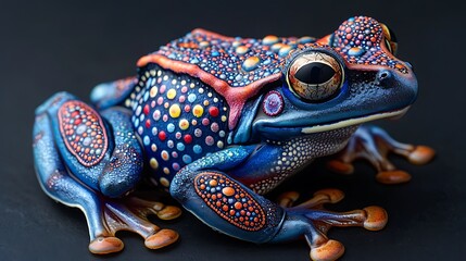 Vibrant and colorful painted frog figurine with intricate patterns on a black background, perfect for creative projects 