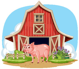 Vector illustration of a pig near a barn.