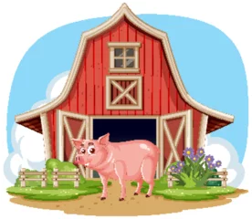 Fotobehang Kinderen Vector illustration of a pig near a barn.