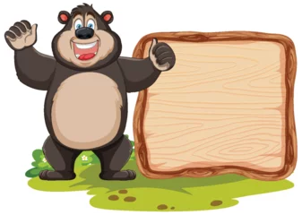 Foto op Plexiglas Kinderen Cartoon bear standing next to a signboard.
