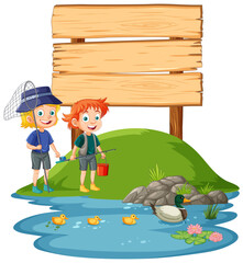 Two kids enjoying fishing near a blank signboard - 776840973