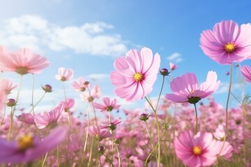 Obraz na płótnie Canvas Pink flowers in a field on the background of the sky