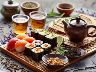 Fototapeta na wymiar A beautiful Japanese table setting features fresh sushi, a steaming tea set, and colorful side dishes for a delicious and healthy meal