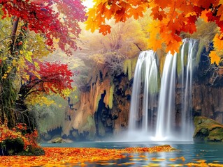 Autumn forest landscape with a cascading waterfall