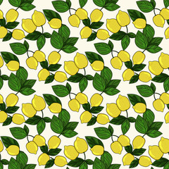 Tropical seamless background with yellow lemons. Hand drawn fruity limonnia repeating background in doodle style.Design for printing on fabrics, holiday and confectionery packaging, wallpaper,wrapping
