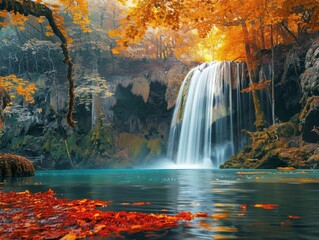 A cascading waterfall tumbles down moss-covered rocks amidst a vibrant autumn forest