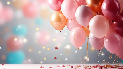 Birthday background with balloons, gold and pink, large copyspace area