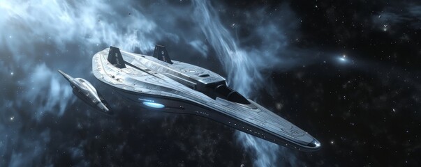 White starship gliding through dark space