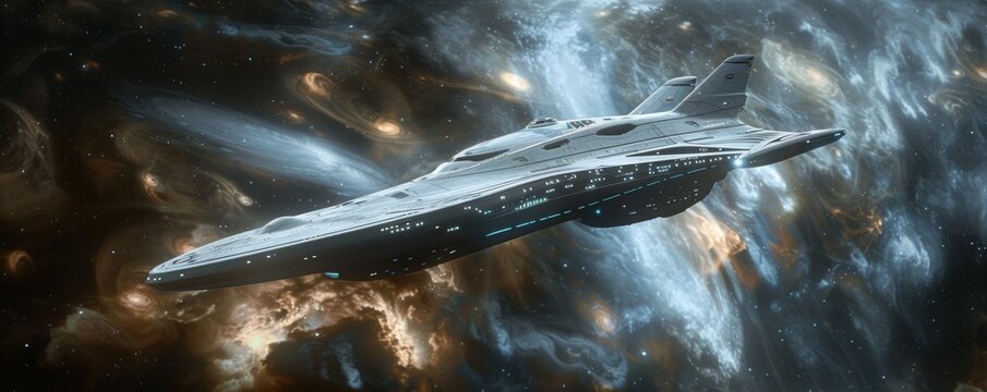 White starship gliding through dark space