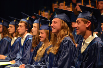 Group of happy students in graduation caps and gowns during ceremony