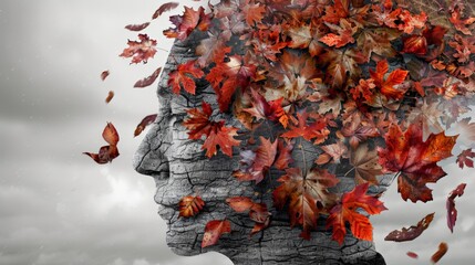 Dementia concept: Head with brain of withered autumn leaves