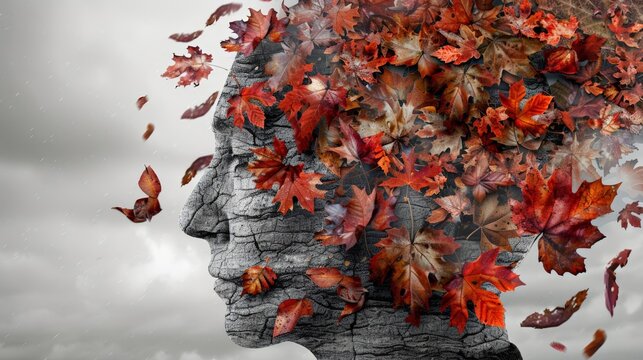 Dementia concept: Head with brain of withered autumn leaves