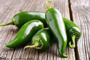 Fresh Green Jalapeño Peppers on a Rustic Wooden Background