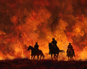 Wild West showdown at dusk silhouettes against a fiery sky