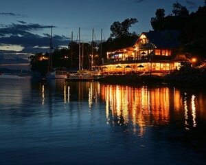 Fototapeta na wymiar Yacht club at night lights reflecting on calm waters